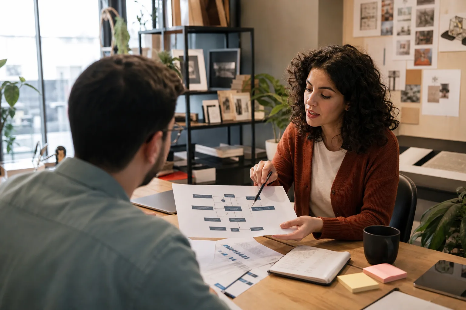 Two professionals collaborating explaining a service plan in a education and planning area for Ai Search Domination