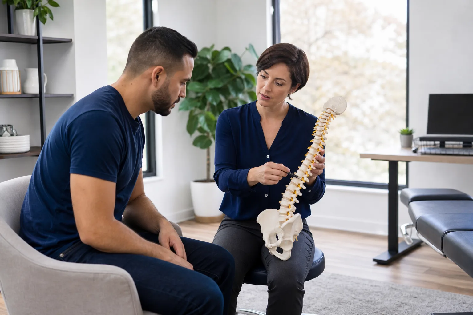 Illustrative chiropractic consultation about back pain symptoms