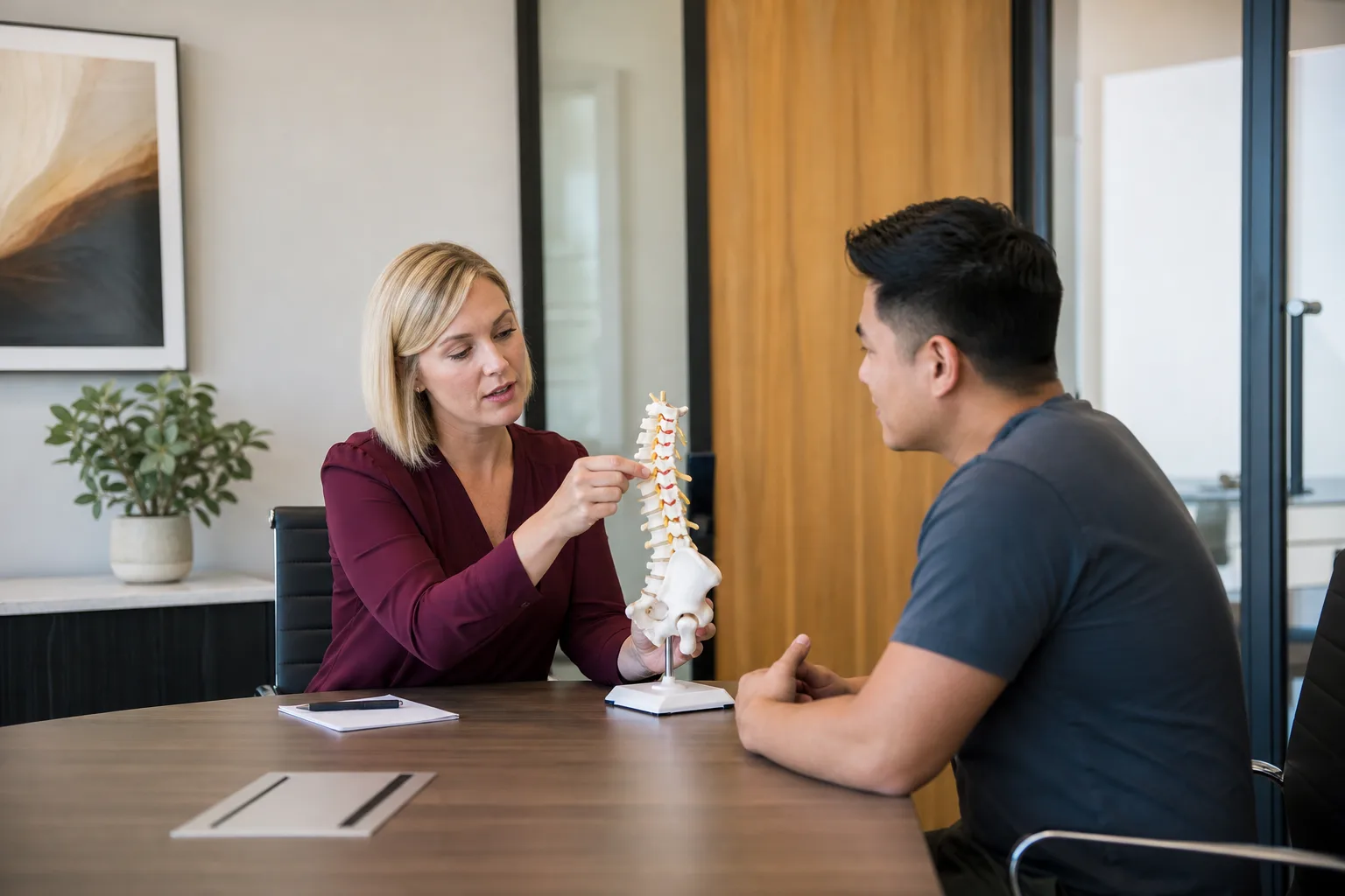 Chiropractor discussing a treatment evaluation with a patient